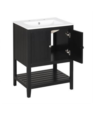 24" Black Modern Sleek Bathroom Vanity Elegant Ceramic Sink with Solid Wood Frame Open Style Shelf