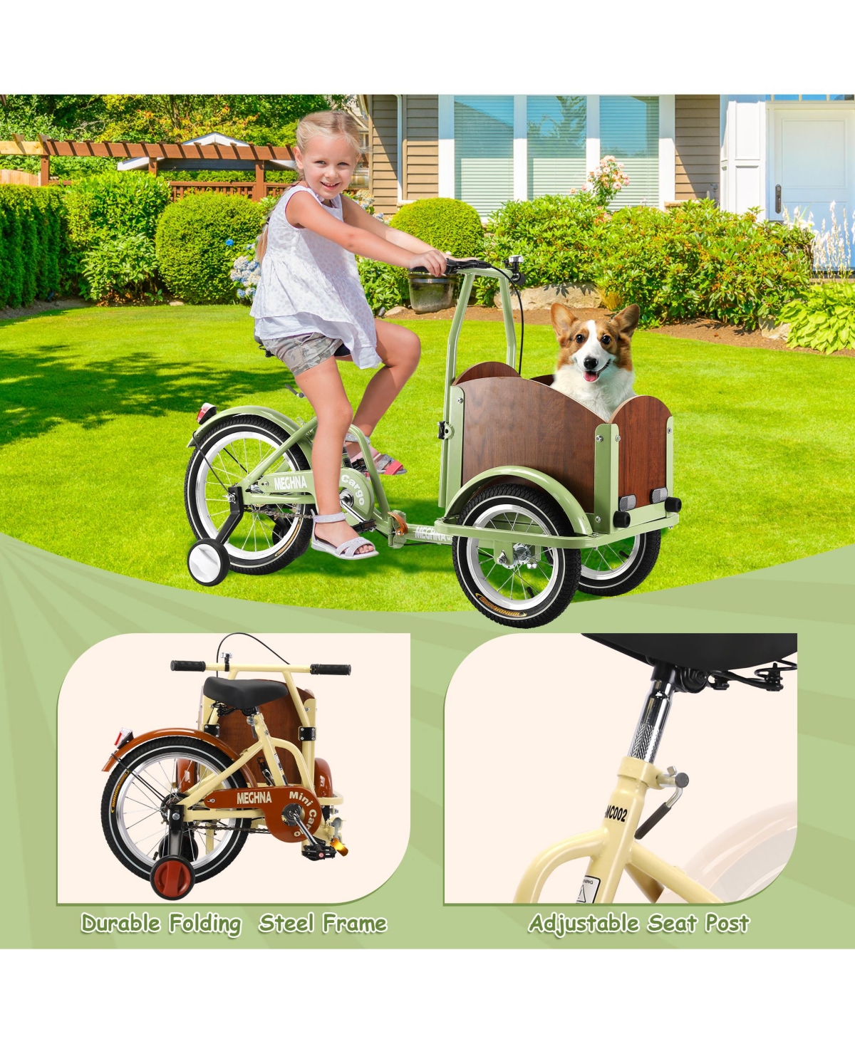 Streamdale Furniture Foldable Tricycle for Kids Ages 6-12,Mini Cargo Bike, Pet Bike, Reverse Tricycle, Outdoor Parent-Child Bike for travel, With Carg