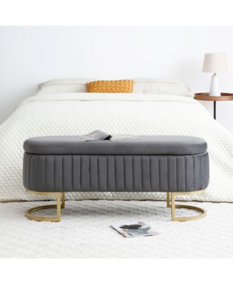 Storage Bench Bedroom Bench, Velvet Oval Upholstered End of Bed Bench with Golden Metal Legs,50" Modern Storage Ottoman Bench for Bedroom, Living Room, Entryway, Window, Grey