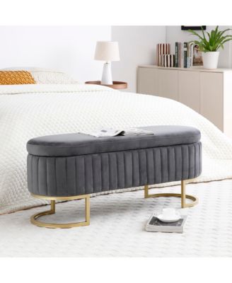 Storage Bench Bedroom Bench, Velvet Oval Upholstered End of Bed Bench with Golden Metal Legs,50" Modern Storage Ottoman Bench for Bedroom, Living Room, Entryway, Window, Grey