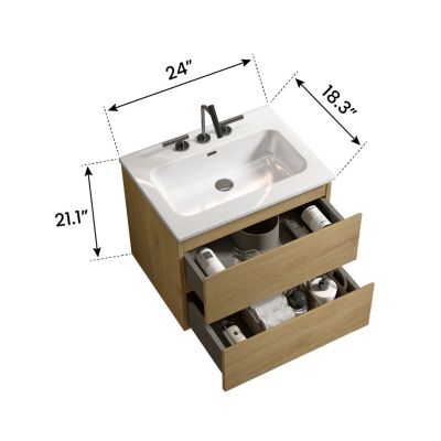  24" Oak Bathroom Vanity Wall Mount, Ceramic Sink, Storage