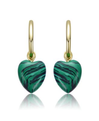 Sterling Silver 14K Gold Plated Simulated Malachite Puffed Heart Dangle Earrings
