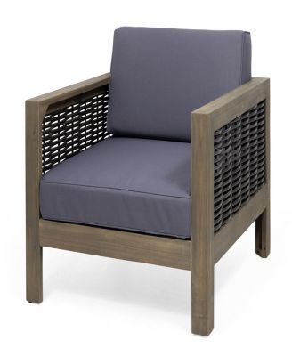 Acacia Wood Club Chair With Wicker Accents And Water-Resistant Cushions