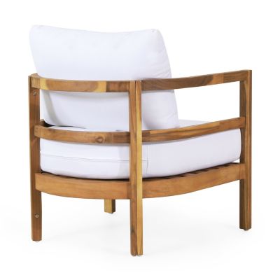 Outdoor Acacia Wood Patio Club Chair, Wood Patio Furniture, Waterproof Thick Cushion Deep Seating For Porch, Garden, Backyard, Balcony, Weight Capacity 400Lbs, Light Teak Finish, White