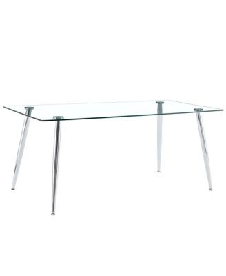 Table and chair set.Modern rectangular glass dining table with tempered glass countertop and silver metal legs, paired with multiple transparent high-quality PET dining chairs with silver legs.