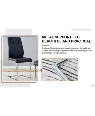 Table and chair set.Contemporary, minimalist rectangular dining table featuring a clear tempered glass top and sleek silver legs. Paired with chairs made of PU material cushion and silver metal legs.