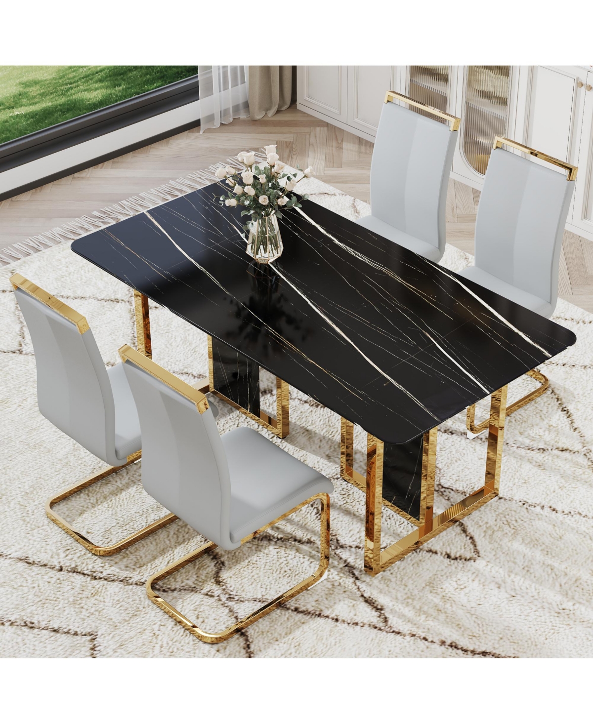 Streamdale Furniture Table and chair set. Modern dining table with Mdf top and beautiful Mdf legs. Equipped with comfortable Pu chairs and metal legs