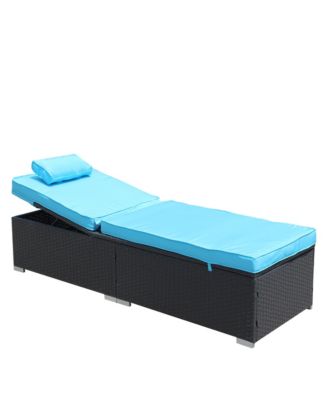 3-Piece Outdoor Patio Furniture Set Chaise Lounge, Patio Reclining Rattan Lounge Chair Chaise Couch Cushioned with Glass Coffee Table, Adjustable Back and Feet, Lounger Chair for Pool Garden, Blue