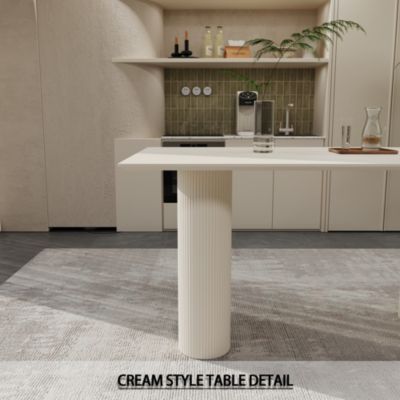 63" MDF New Cream Style Coffee Table and Modern Dining Chair 4-piece Set, Modern Fashion Kitchen Table Set, Round Wave Table Legs, Dining Table and linen Chair