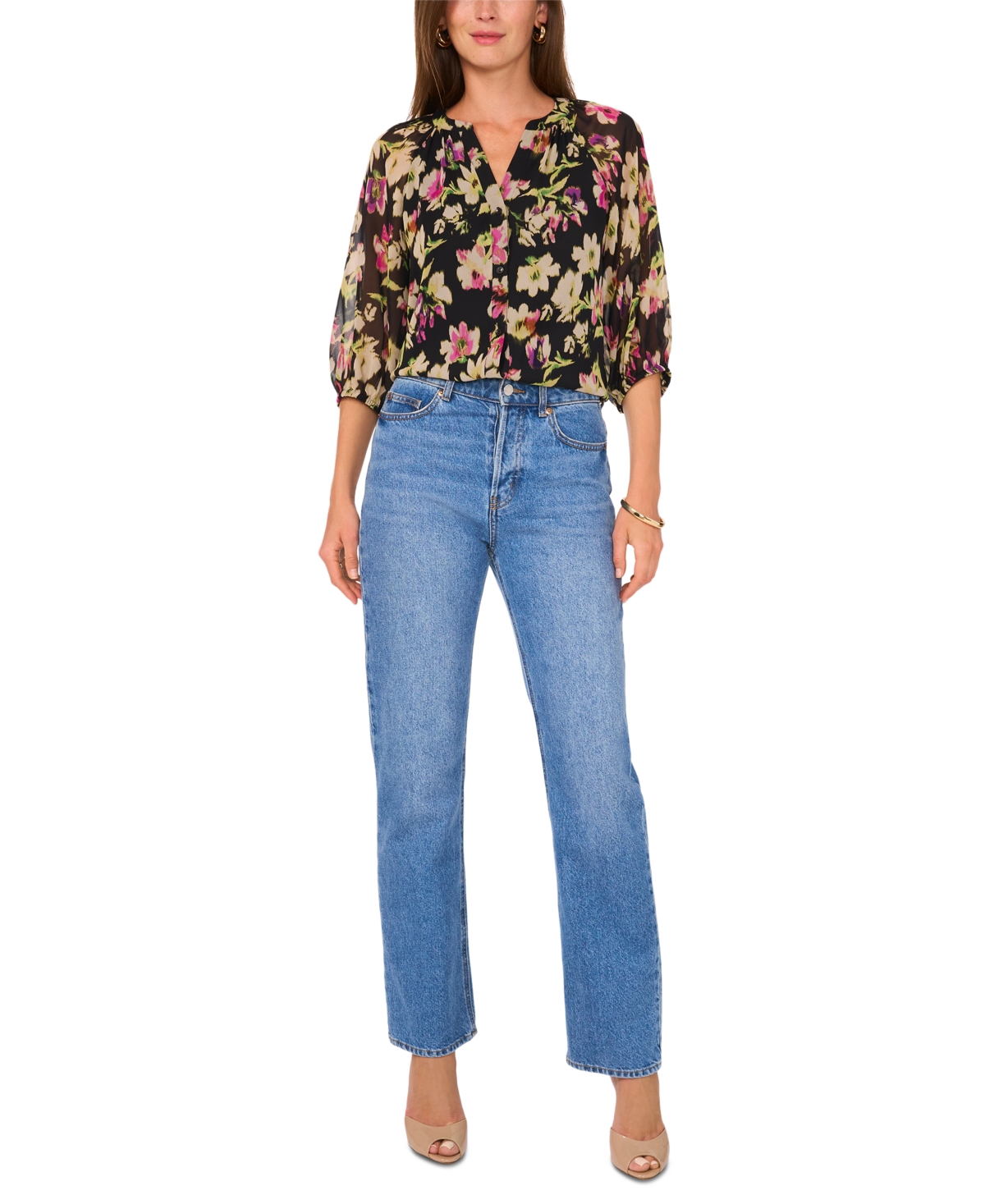 Vince Camuto Women's Floral-Print Split-Neck Top