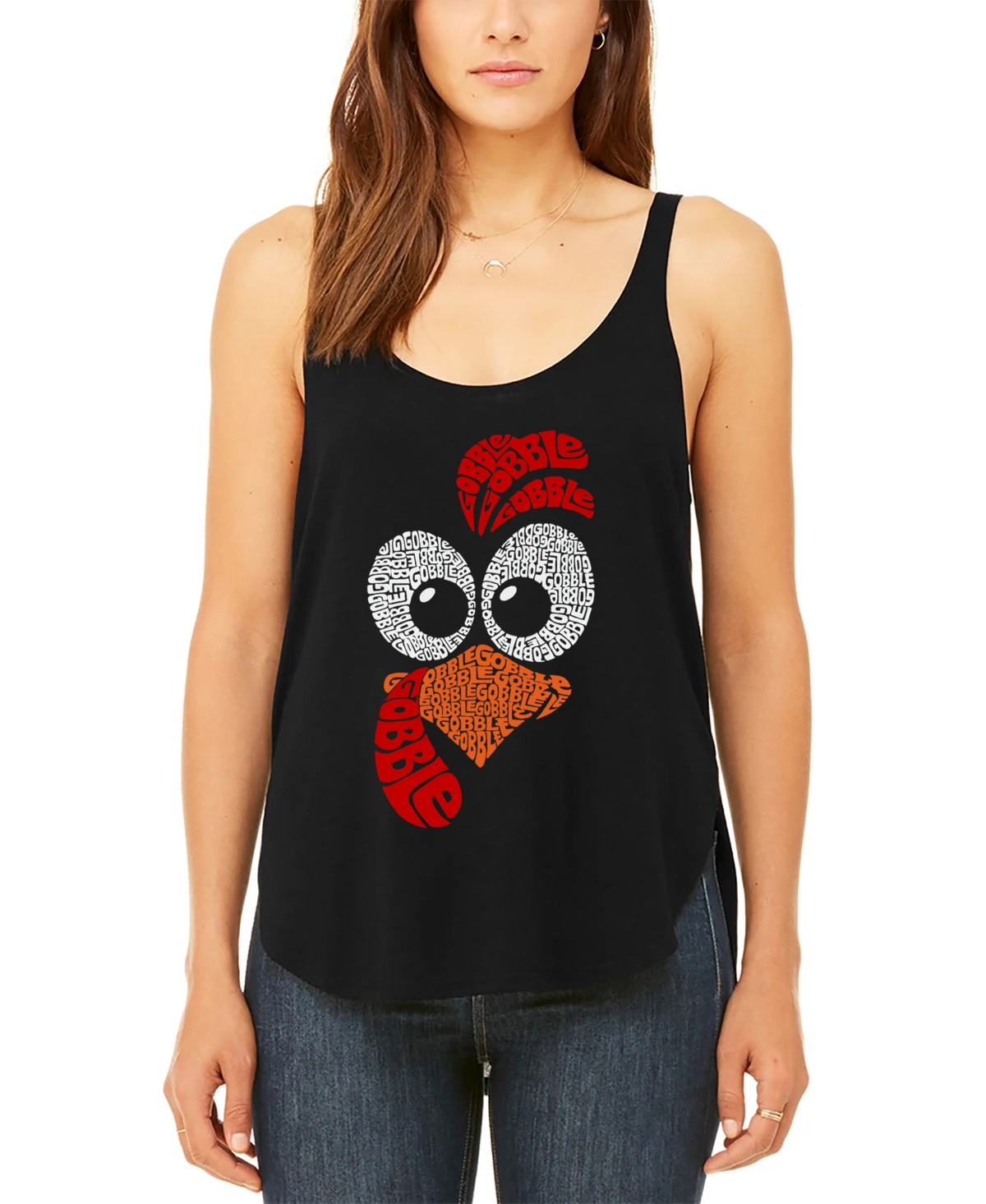 LA POP ART WOMEN'S TURKEY FACE PREMIUM WORD ART FLOWY TANK TOP 