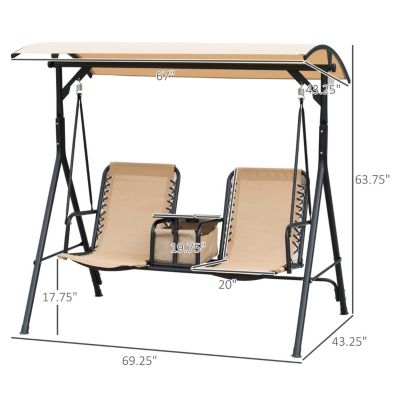2-Seat Patio Swing Chair, Outdoor Canopy Swing Glider with Pivot Storage Table, Cup Holder, Adjustable Shade, Bungie Seat Suspension and Weather Resistant Steel Frame, Beige