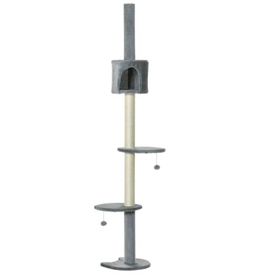 85.5" Cat Tree Height Adjustable Floor-to-Ceiling 4-Tier Kitty Climbing Activity Center Condo Cat Toy with Scratching Post Hanging Balls Play Rest Post Pet Furniture Grey