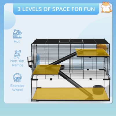 Hamster Cage, 31" Gerbil Cage with Glass Basin, Ramps, Platforms, Hut, Exercise Wheel, for Small Hamsters, Black