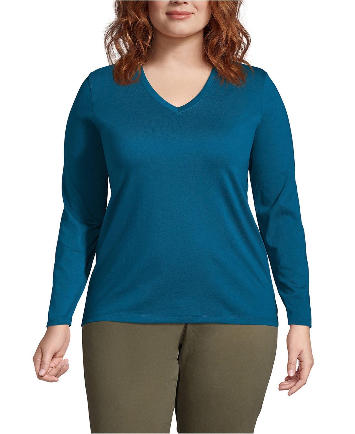 Lands' End Plus Size Relaxed Supima Cotton Long Sleeve V-Neck T-Shirt - Baltic teal