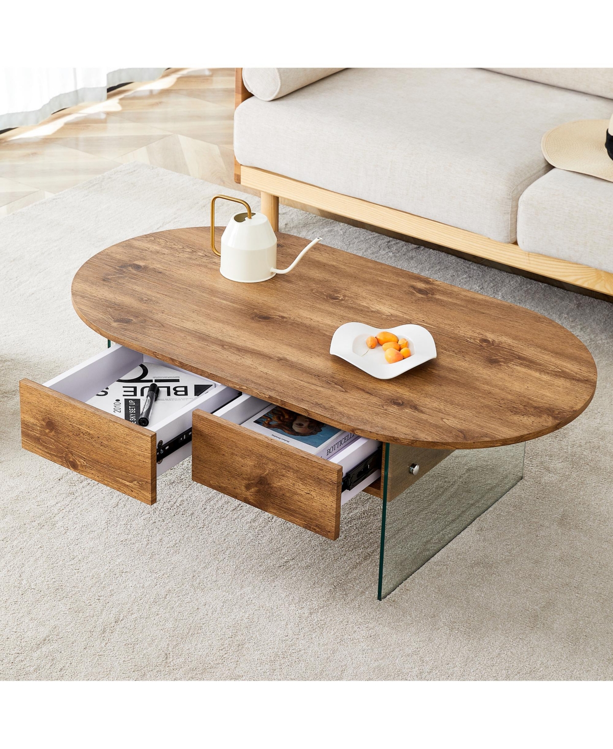 Streamdale Furniture Coffee table with double drawers. The board surface is Mdf sticker, and both sides are transparent tempered glass. The design is