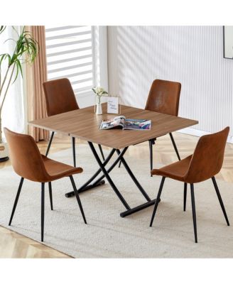 Modern minimalist multifunctional lifting table, 0.8-inch wood grain craft sticker desktop, black metal legs. 4 upholstered dining chairs with black metal legs. LT-10055 B0502
