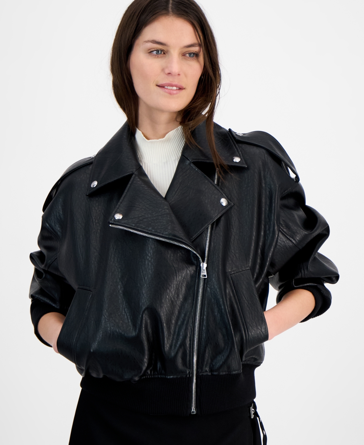Women's Faux-Leather Asymmetric Moto Bomber Jacket - Black