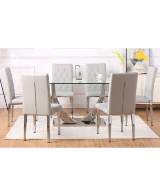 Table and chair set, modern dining table, tempered glass tabletop and silver-colored leg table, soft and comfortable dining chair, perfect for dinner, meetings, home and office decor