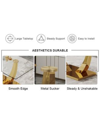 Table and chair set.Modern rectangular dining table with Transparent tempered glass tabletop and gold plated metal legs.Paired with 6 comfortable chairs with PU seats and golden metal legs.