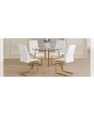 Table and chair set.A Modern Minimalist Style Round Clear Tempered Glass Table with Metal Legs.Paired with white chairs with Modern PU Leather High Back Upholstered and C-Tube Golden Legs.