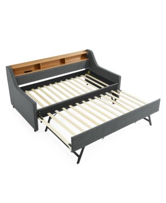 Twin Size Upholstery Sofa Bed with Three LED lights, with Storage Adjustable Headboard, with Foldable Leg Pull up Trundle Bed and Wireless Charging, Linen Padded Sofa Bed frame, Grey