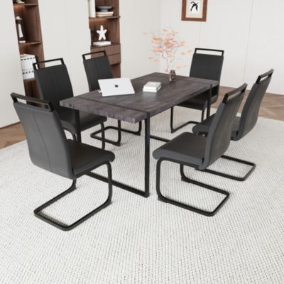 59" Rural Industrial Rectangular MDF Black Dining Table Set and PU Armless Dining Chair Set, 6 pieces. Kitchen Black Metal Table Leg Dining Chair Set