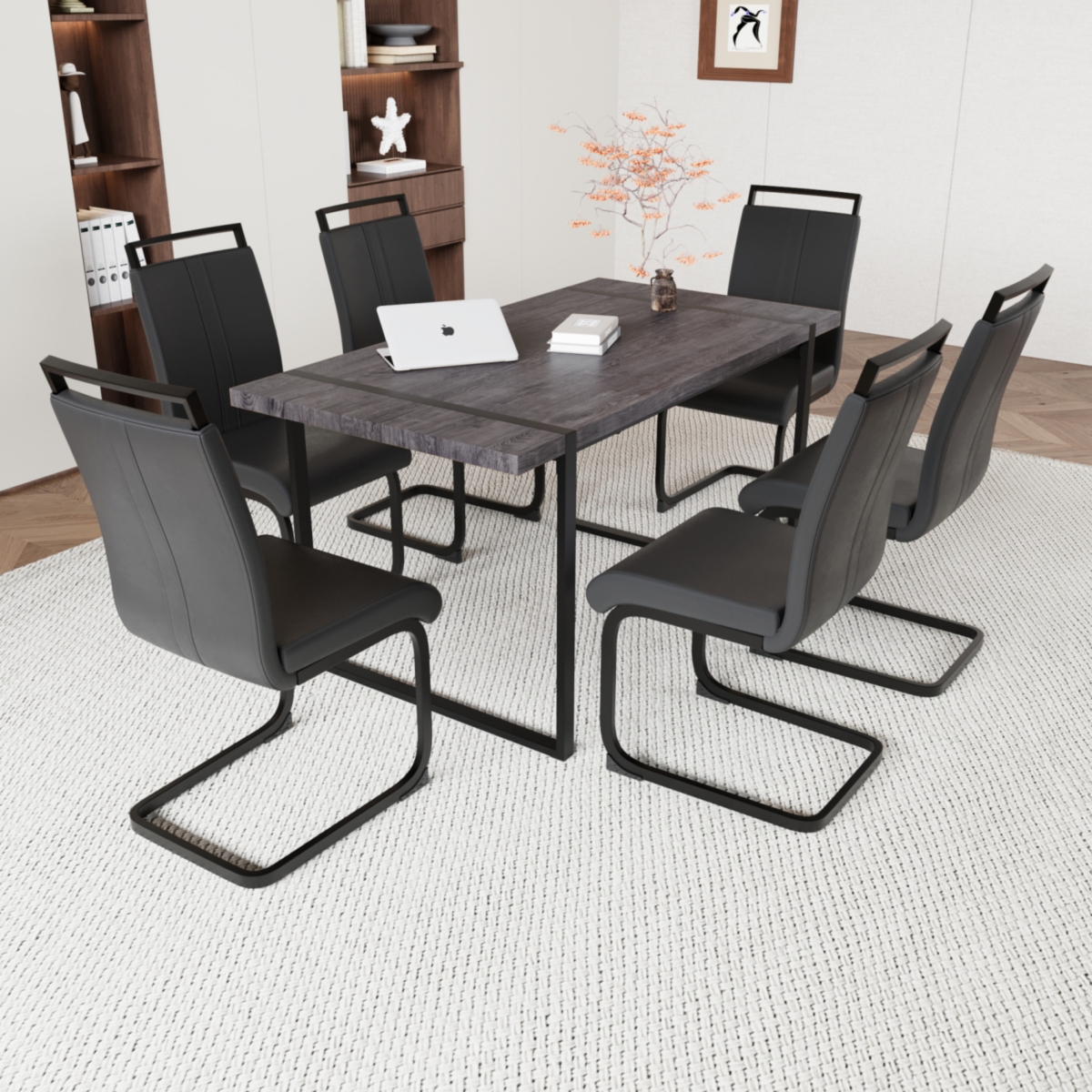 Streamdale Furniture 59" Rural Industrial Rectangular Mdf Black Dining Table Set and Pu Armless Dining Chair Set, 6 pieces. Kitchen Black Metal Table