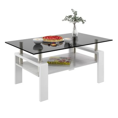 Rectangle Coffee Table, Tempered Glass Tabletop with MDF Layer, Modern Table for Living Room, Gray Glass