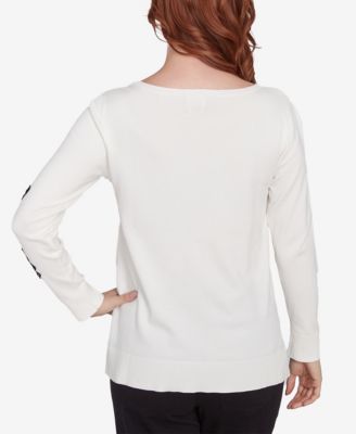 Petite Floral Lace Fine Gauge Crew Neck Sweater