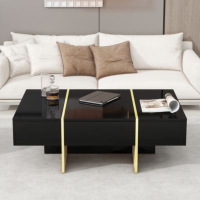 47" Glossy Coffee Table with Drawers, Golden Legs, Black