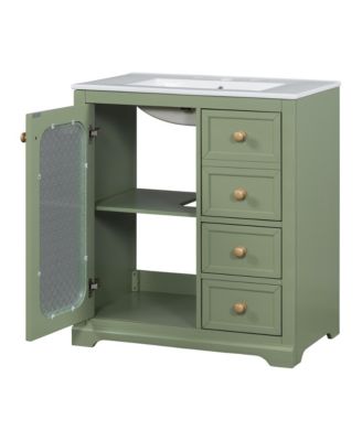 30-inch bathroom vanity with a soft close glass door, adjustable shelves, and three drawers