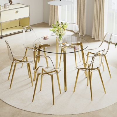Modern Round Glass Table, Gold Legs