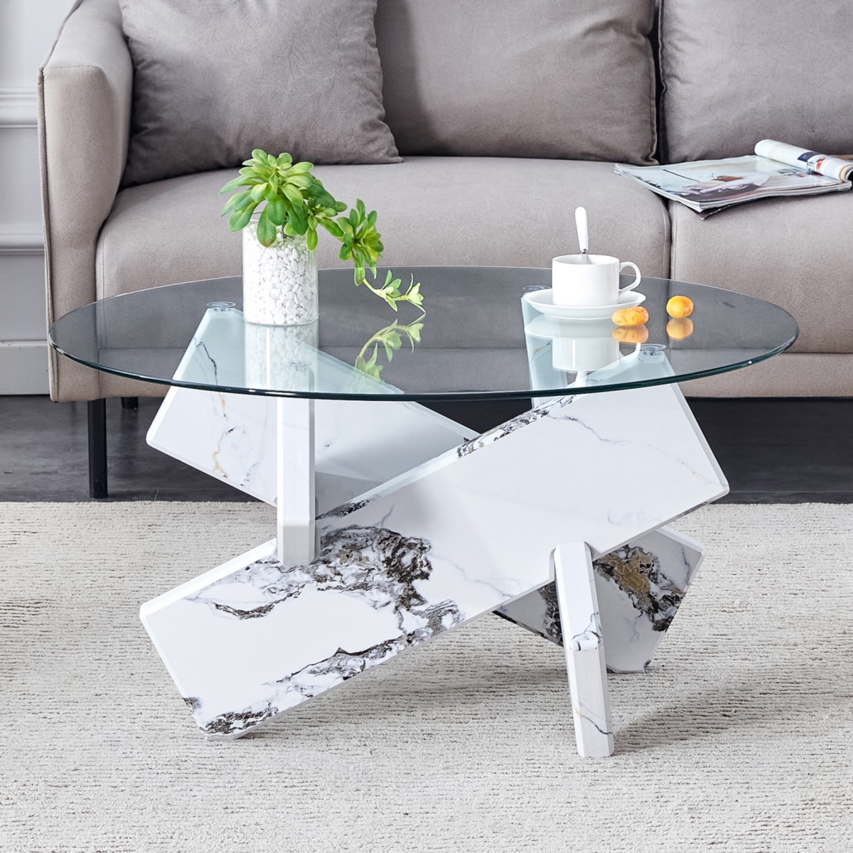 Streamdale Furniture Round glass coffee table, 33.4" modern design unique coffee table. Tempered glass countertop with white patterned Mdf legs. Suita