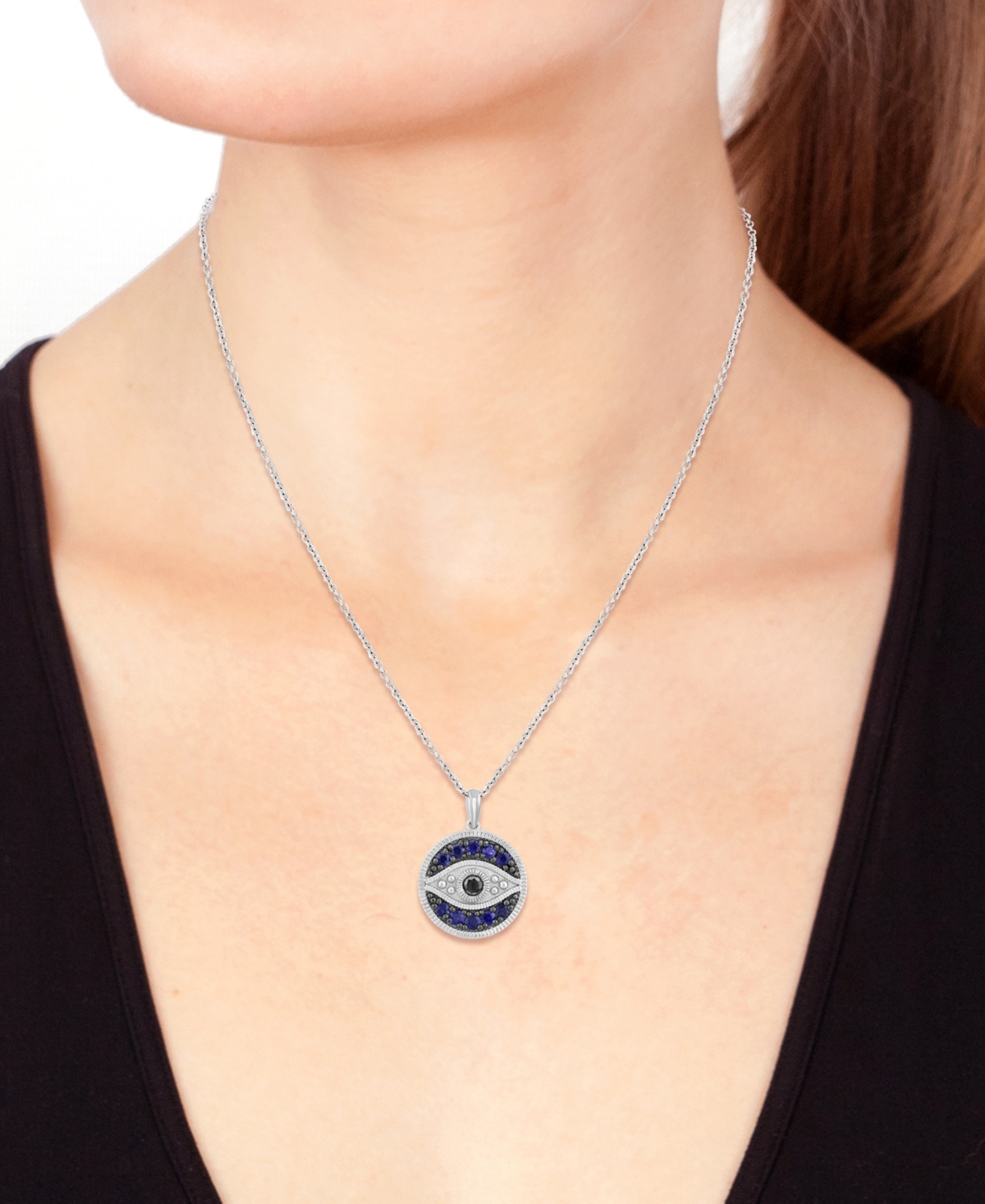 Effy Collection Effy Sapphire (3/4 Ct. T.w.) & Diamond (1/6 Ct. T.w.) Evil Eye 18" Pendant Necklace In Sterling Silv In Sapphire