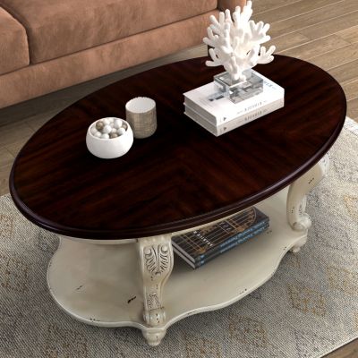 Oval Wood Coffee Table with Open Storage Shelf