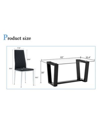 Table and chair set.A rectangular dining table features with tempered glass top and sleek black MDF stand.Paired with 4 PU chairs with checkered armless high back and electroplated metal legs.