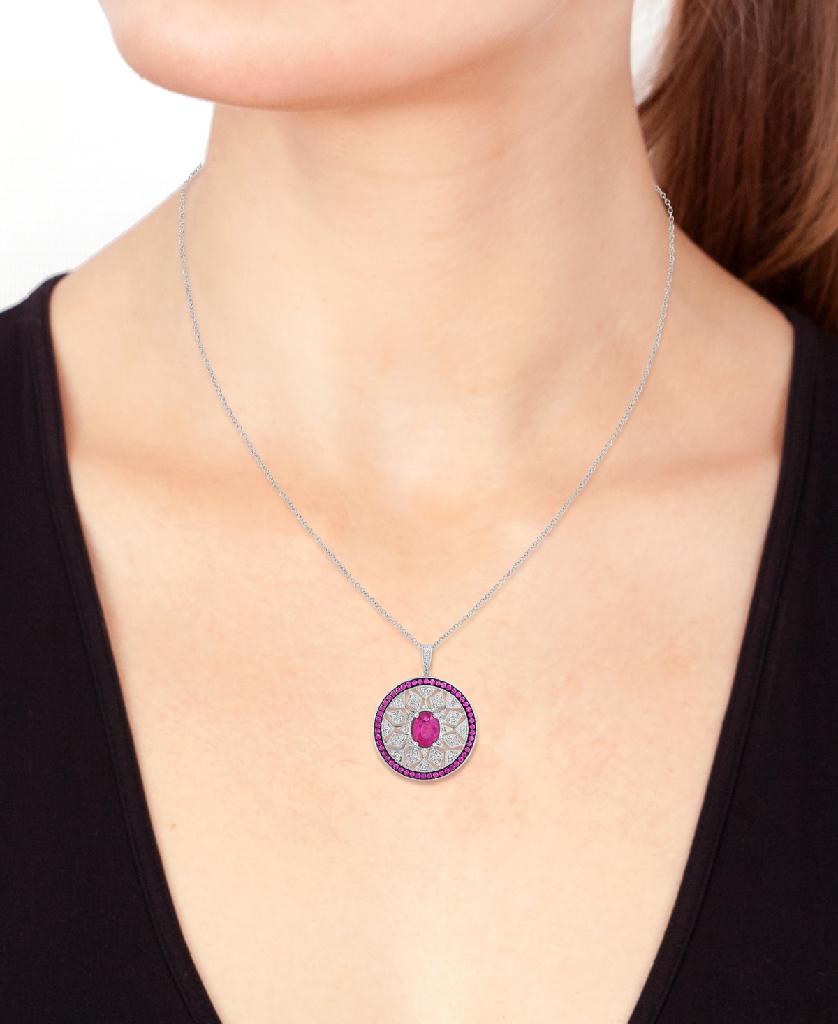 Effy Collection Effy Sapphire (1-7/8 Ct. T.w.) & Diamond (1/3 Ct. T.w.) Mandala Openwork 18" Pendant Necklace In Ste In Ruby