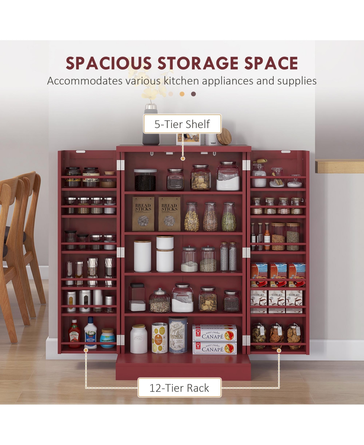 41" Kitchen Pantry Storage Cabinet, Freestanding Kitchen Cabinet with 12 Door Shelves, Double Doors, 5-tier Shelving and Adjustable Shelves, Pain