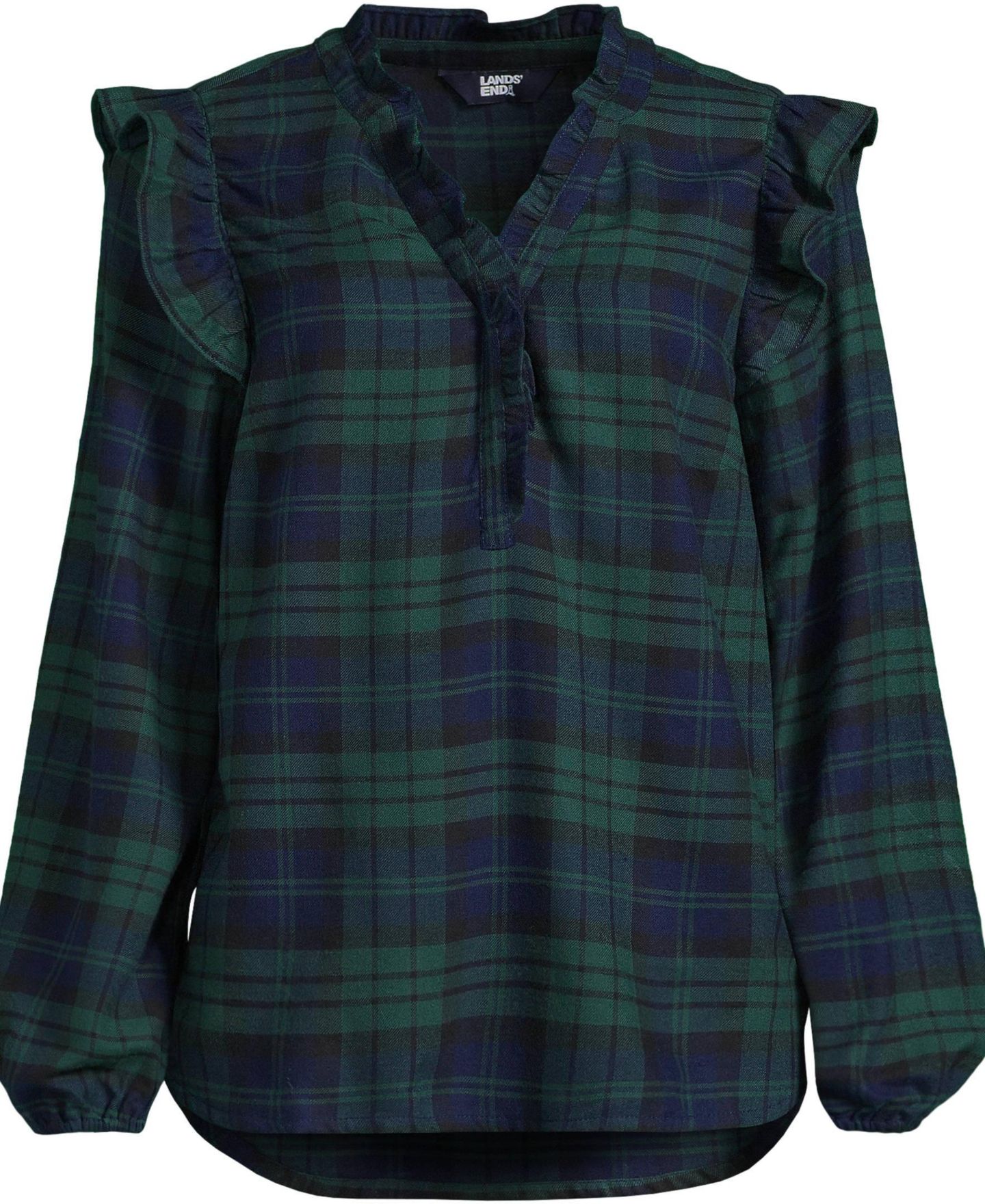 Женская блузка Lands' End Plus Size Ruffle Front Flannel Popover, цвет: Тёмно-зелёный клетчатый — фото 3