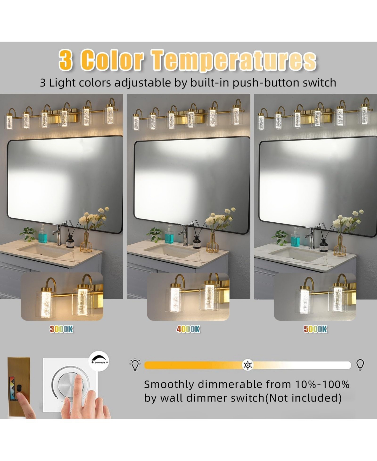 gaomon 6 Light BrushedBathroom Light Fixtures, Vanity Lights Crystal Bubble Glass Dimmable 3 Color Temperatures Modern Bathroom Wall Sconce for