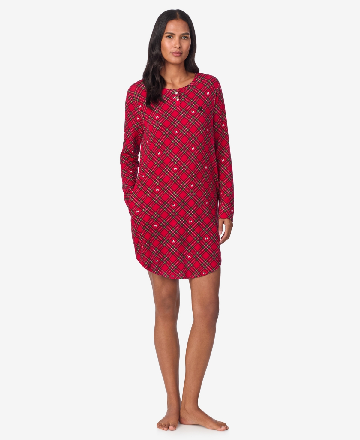 Ralph Lauren Lauren  Long Sleeve Henley Nightgown In Red Plaid