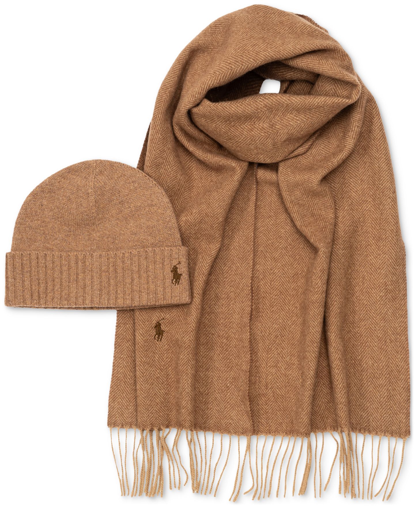 Мужские комплекты Polo Ralph Lauren Beanie Hat and Scarf, 2-Piece Set, цвет: Коричневый — фото 2