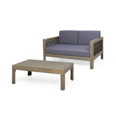 Outdoor Acacia Wood And Wicker Loveseat And Coffee Table Set With Cushions, Gray + Mixed Gray + Dark Gray