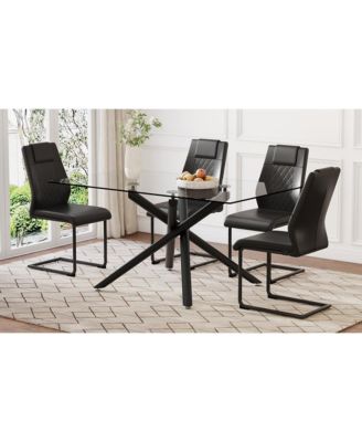 Table and chair set.Modern Rectangular Glass Dining Table with 0.39" tempered Glass Tabletop and Black Metal Legs.Paired with multiple chairs designed with PU cushions and black metal legs.