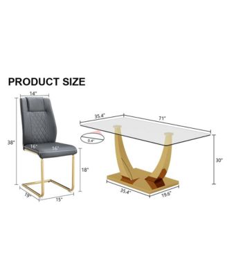 Table and chair set.Modern rectangular dining table with Transparent tempered glass tabletop and gold plated metal legs.Paired with 8 comfortable chairs with PU seats and golden metal legs.