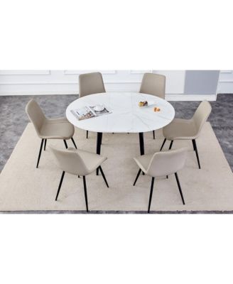 Table and chair set.Modern Extendable MDF Dining Table.The table has a telescopic design, suitable for gatherings of different size.Paired with 6 chairs with PU cushions and black metal legs.