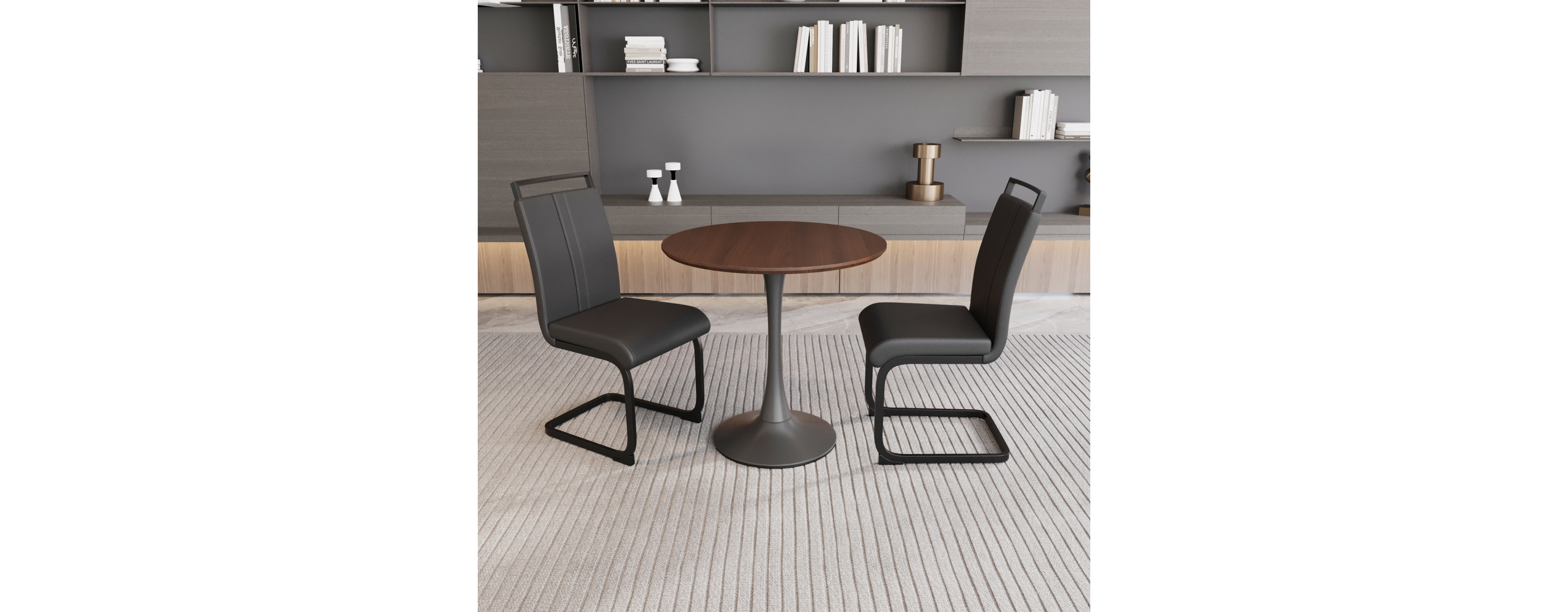 Simplie Fun Walnut circular dining table, 31.5" tulip dining table, kitchen dining table for 2-4 people, Mdf tabletop and base, and 2 black Pu black m