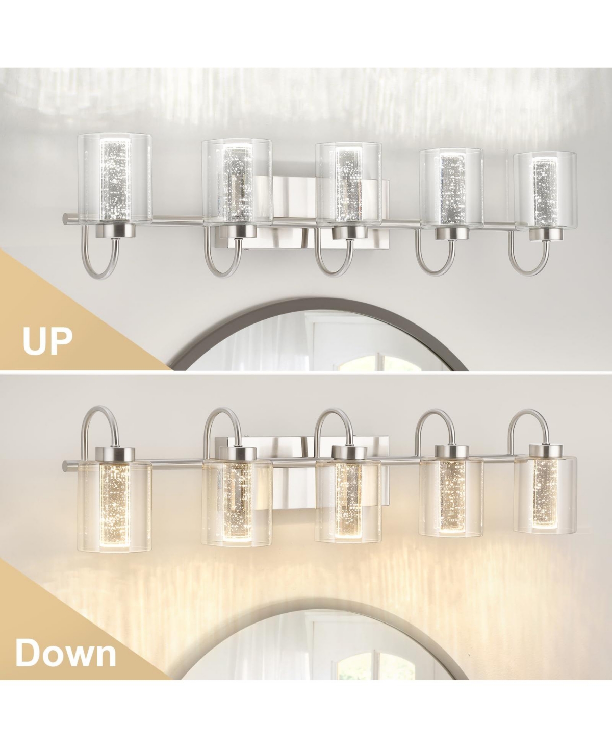 gaomon 5 Light Brushed Nickel Bathroom Light Fixtures, Vanity Lights Crystal Bubble Glass Dimmable 3 Color Temperatures Modern Bathroom Wall Sconce fo