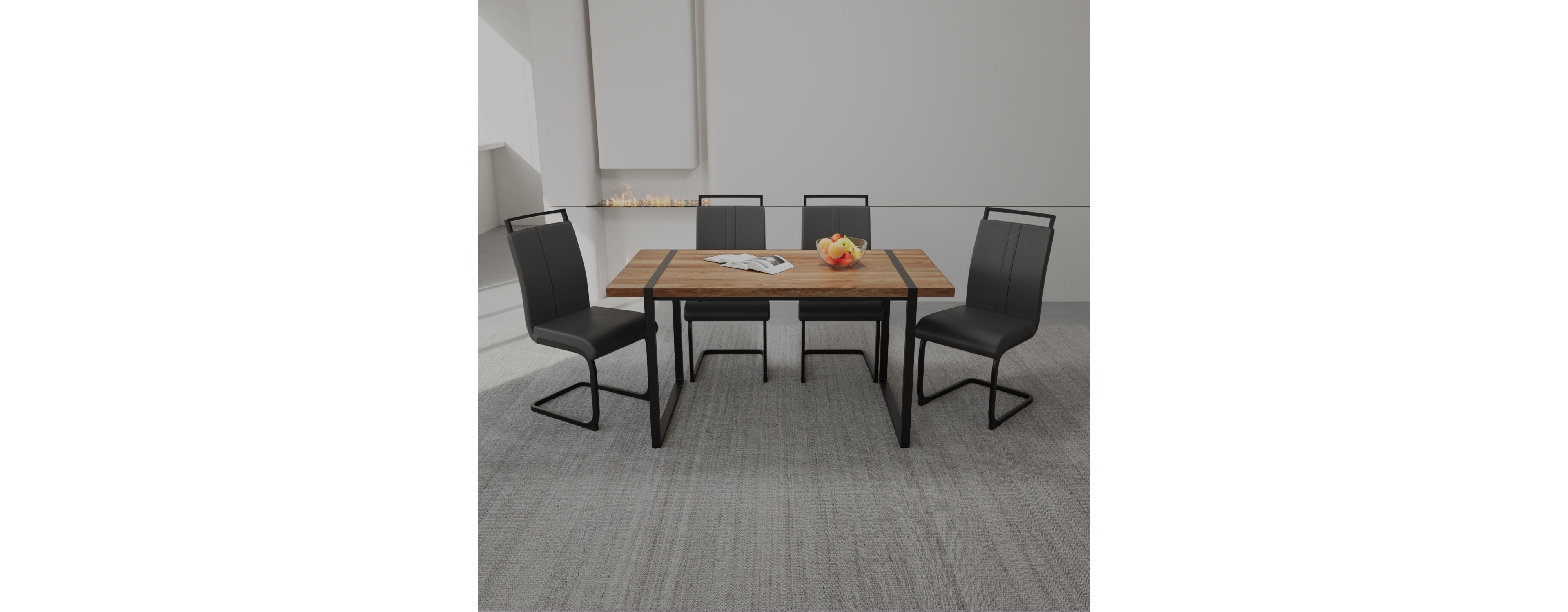 Streamdale Furniture 59" Rural Industrial Rectangular Mdf Wood Color Dining Table Set and Pu Armless Dining Chair Set 4. Kitchen Black Metal Table Leg